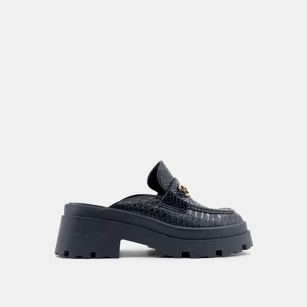 ShuShop | Black Snake Chunky Mule Loafers
